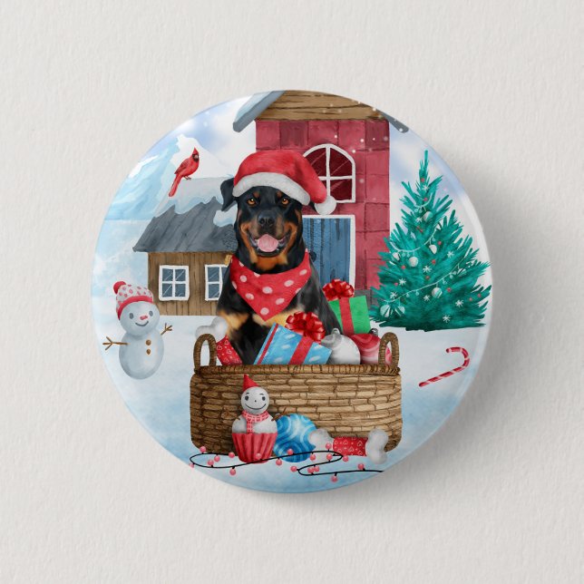 Rottweiler Dog In snow Christmas Dog House  Button (Front)
