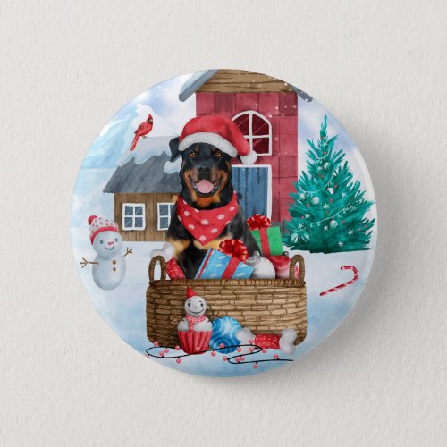 Rottweiler Dog In snow Christmas Dog House  Button