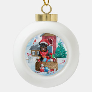 Rottweiler Dog In snow Christmas Dog House Ceramic Ball Christmas Ornament