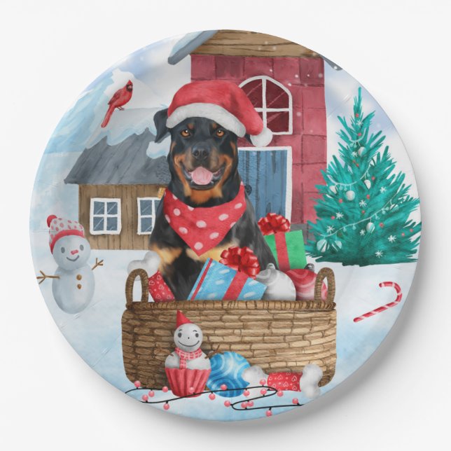 Rottweiler Dog In snow Christmas Dog House Paper Plates (Front)