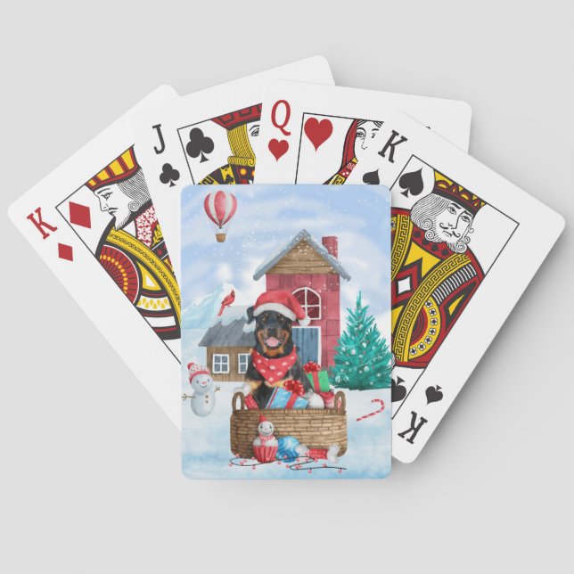 Rottweiler Dog In snow Christmas Dog House  Poker Cards (Back)