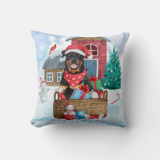 Rottweiler Dog In snow Christmas Dog House Throw Pillow (Front)
