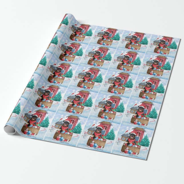 Rottweiler Dog In snow Christmas Dog House  Wrapping Paper (Unrolled)