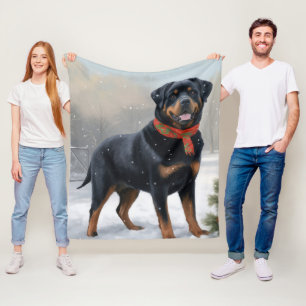 Rottweiler Dog in Snow Christmas Fleece Blanket