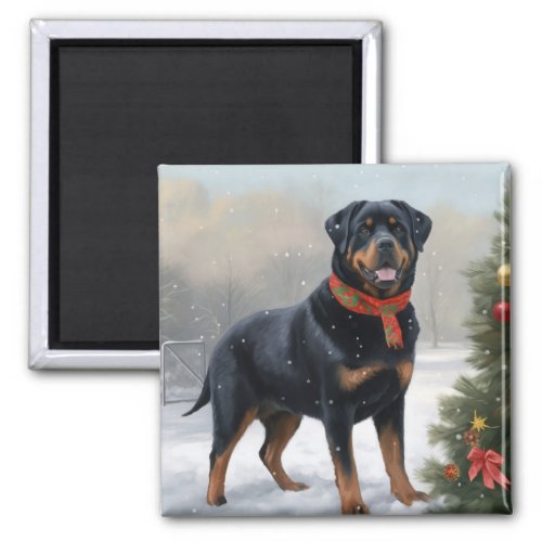 Rottweiler Dog in Snow Christmas Magnet