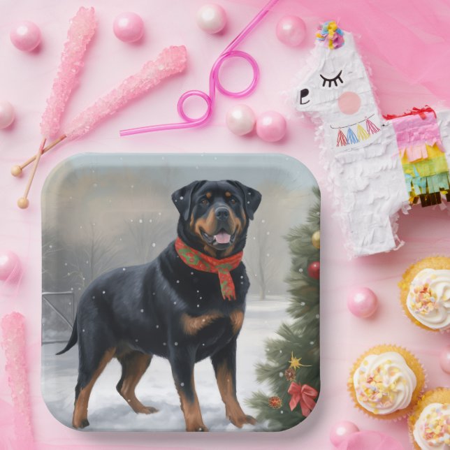 Rottweiler Dog in Snow Christmas Paper Plates (Party)