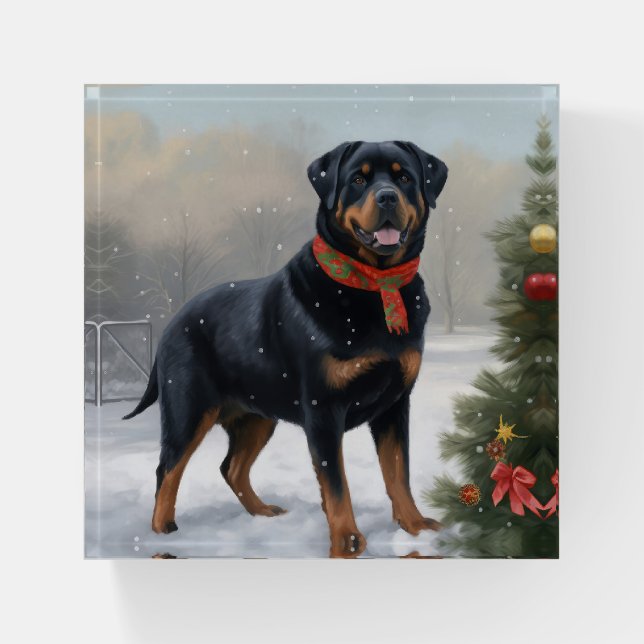 Rottweiler Dog in Snow Christmas Paperweight (Front)