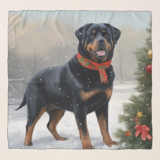 Rottweiler Dog in Snow Christmas Scarf (Front)