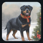 Rottweiler Dog in Snow Christmas Square Sticker<br><div class="desc">Amidst a winter wonderland,  a playful dog enjoys a snowy Christmas morning,  leaving adorable paw prints in the glistening snow. Their joy and curiosity add warmth to the enchanting holiday scene,  making it truly magical.</div>