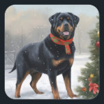 Rottweiler Dog in Snow Christmas Square Sticker<br><div class="desc">Amidst a winter wonderland,  a playful dog enjoys a snowy Christmas morning,  leaving adorable paw prints in the glistening snow. Their joy and curiosity add warmth to the enchanting holiday scene,  making it truly magical.</div>