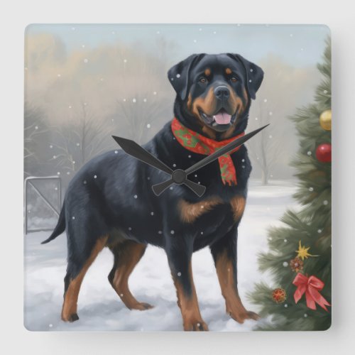 Rottweiler Dog in Snow Christmas Square Wall Clock