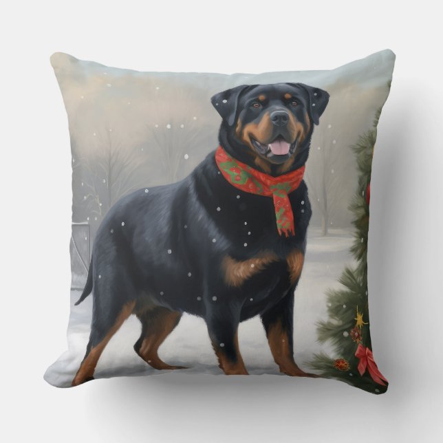 Rottweiler Dog in Snow Christmas Throw Pillow (Front)