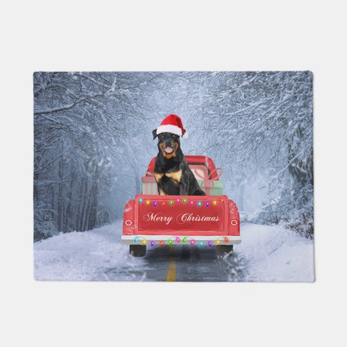 Rottweiler Dog in Snow sitting in Christmas Truck  Doormat