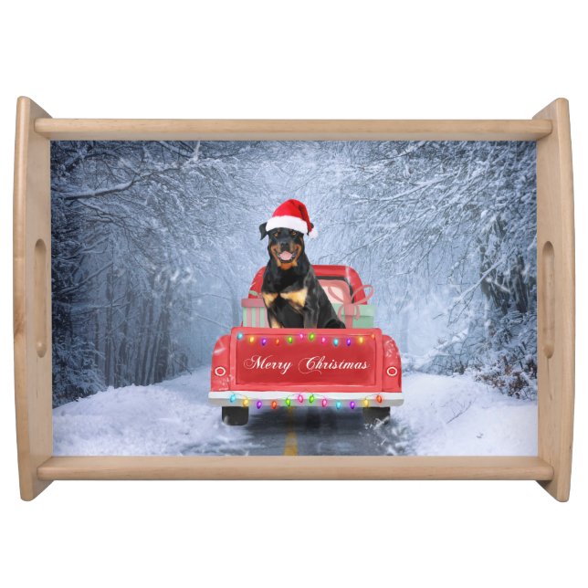 Rottweiler Dog in Snow sitting in Christmas Truck  Serving Tray (Front)