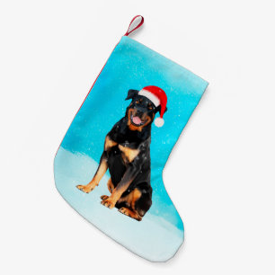 Rottweiler Dog in Snow With Santa Hat Small Christmas Stocking