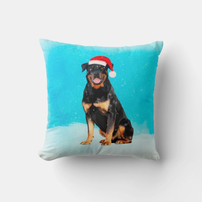Rottweiler Dog in Snow With Santa Hat Throw Pillow (Front)