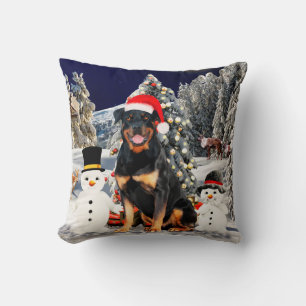 Rottweiler Dog in Snow With Santa Hat Throw Pillow