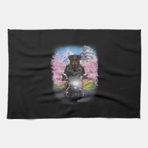 rottweiler dog on motorcycle tour japanese sakura kitchen towel
