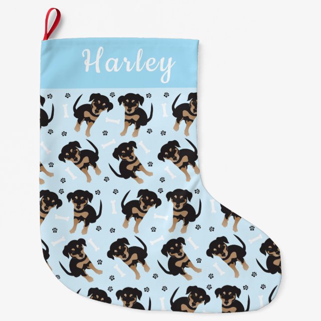 Rottweiler Dog Pattern Blue Large Christmas Stocking (Front)