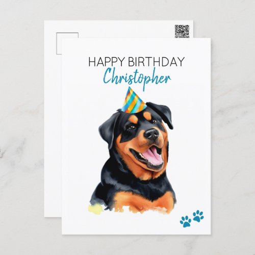 Rottweiler Dog Personalized Happy Birthday  Postcard