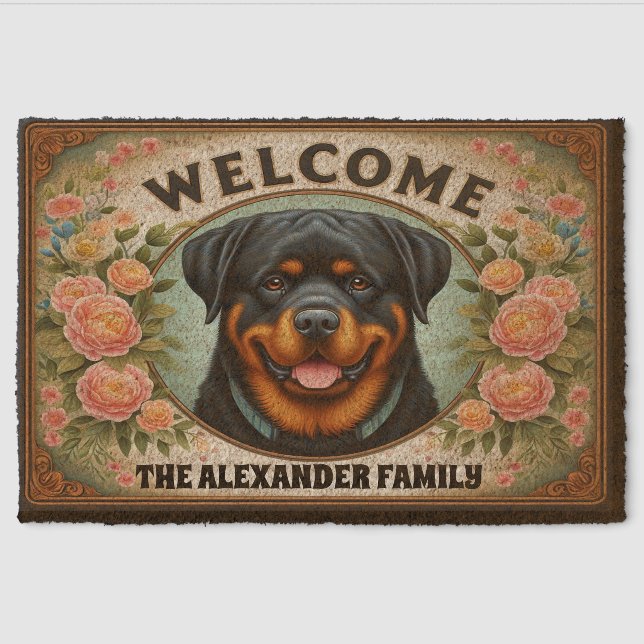 Rottweiler Dog Radiance, Floral Rottweiler Welcome Fiber Doormat (Front)