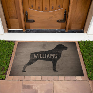 Rottweiler Dog Silhouette Rustic Personalized Doormat