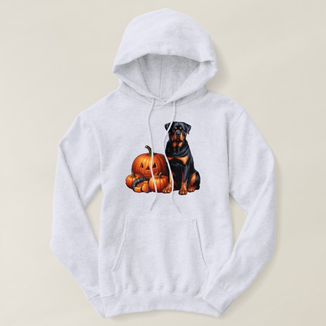 Rottweiler Dog Sitting by Halloween Pumpkins Hoodie (Design Front)