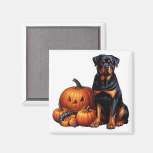 Rottweiler Dog Sitting by Halloween Pumpkins Magnet