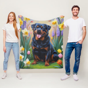 Rottweiler Dog Spring Flowers Painting Fleece Blanket