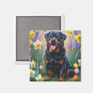 Rottweiler Dog Spring Flowers Painting Magnet
