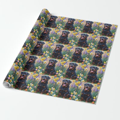 Rottweiler Dog Spring Flowers Painting Wrapping Paper