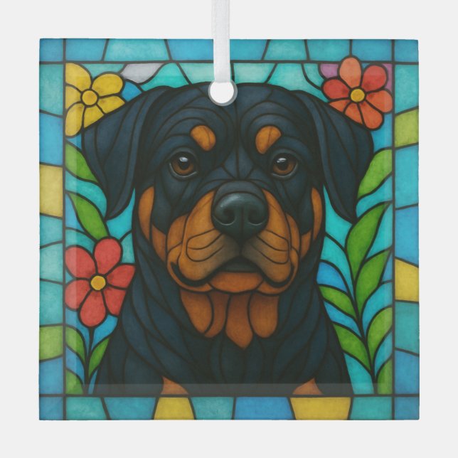 Rottweiler Dog "Stained Glass"  Glass Ornament (Front)