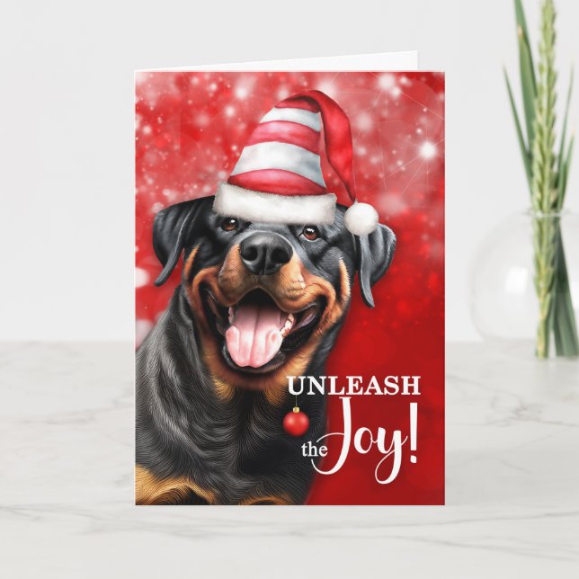 Rottweiler Dog Unleash the Joy Christmas Holiday Card (Front)