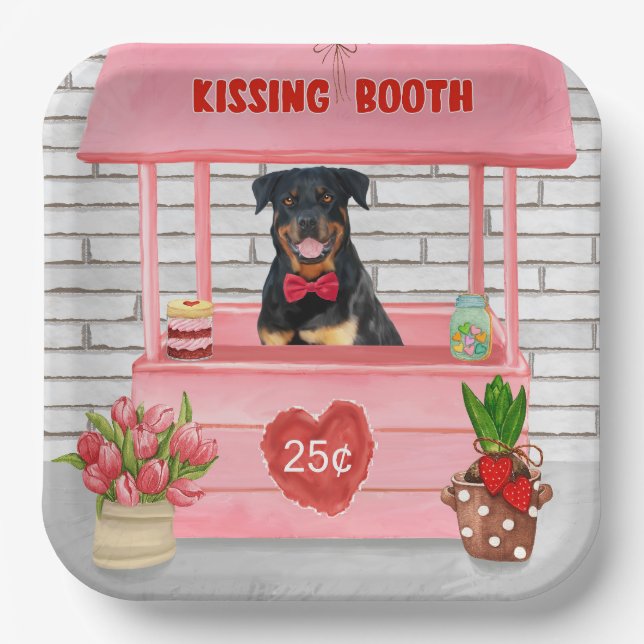 Rottweiler Dog Valentine's Day Kissing Booth Paper Plates (Front)
