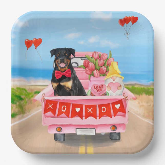 Rottweiler Dog Valentine's Day Truck Hearts Paper Plates (Front)
