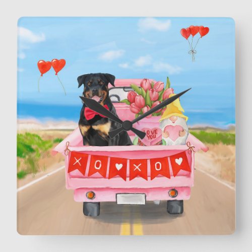 Rottweiler Dog Valentines Day Truck Hearts Square Wall Clock