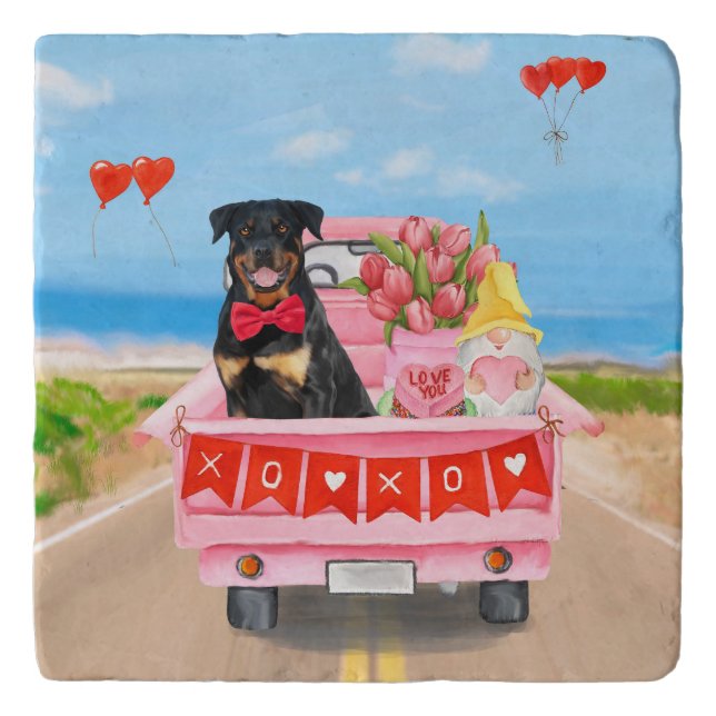 Rottweiler Dog Valentine's Day Truck Hearts Trivet (Front)