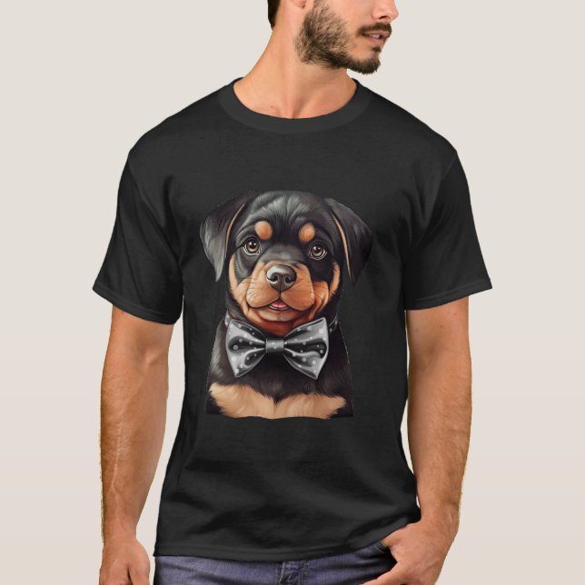 Rottweiler Dog Wearing Bow Tie Black Neckwear Long T-Shirt (Front)