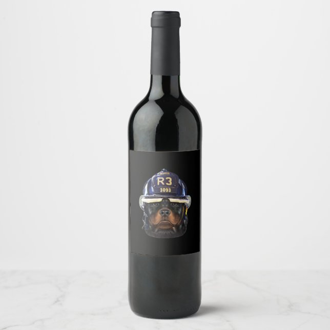 rottweiler dog wearing firefighter helmet premium wine label (Front)