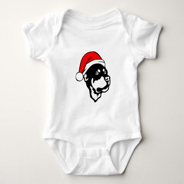 Rottweiler Dog wearing Red Christmas Santa Hat Baby Bodysuit (Front)
