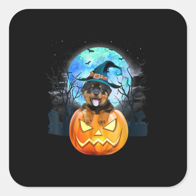 rottweiler dog witch hat halloween pumpkin gift square sticker (Front)