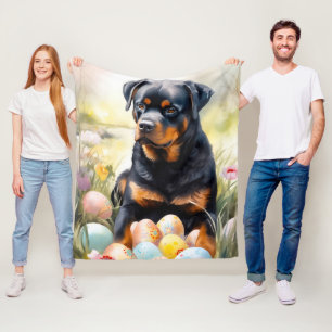 Rottweiler Dog with Easter Eggs Holiday Fleece Blanket