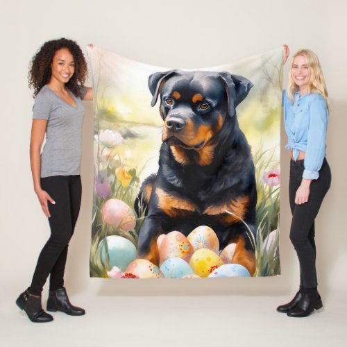 Rottweiler Dog with Easter Eggs Holiday  Fleece Blanket