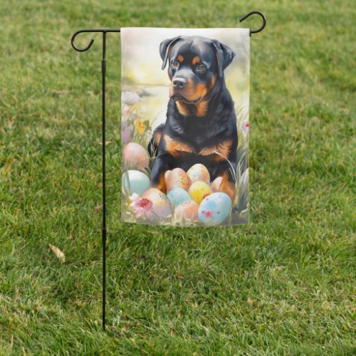 Rottweiler Dog with Easter Eggs Holiday  Garden Flag