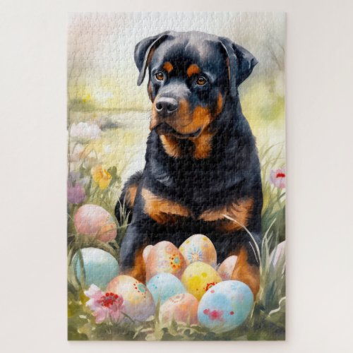 Rottweiler Dog with Easter Eggs Holiday  Jigsaw Puzzle