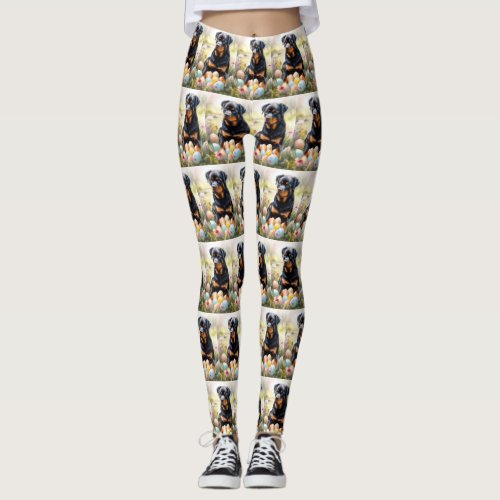Rottweiler Dog with Easter Eggs Holiday  Leggings