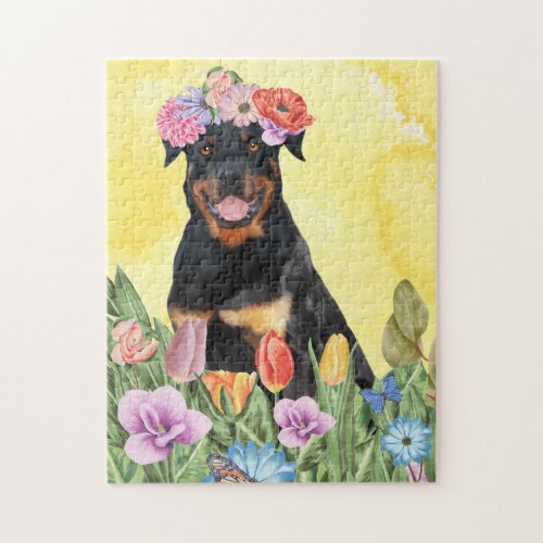 Rottweiler Dog with Flowers Spring Jigsaw Puzzle