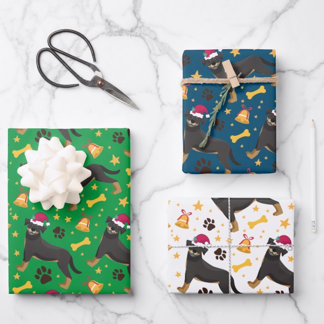 Rottweiler Dog With Santa Hat Christmas Wrapping Paper Sheets (Front)
