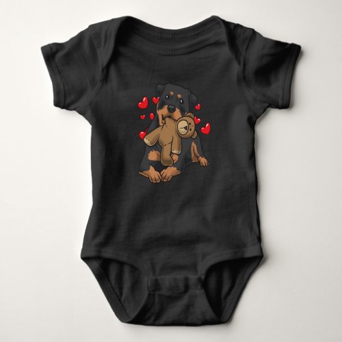 Rottweiler Dog with stuffed animal and hearts Baby Bodysuit