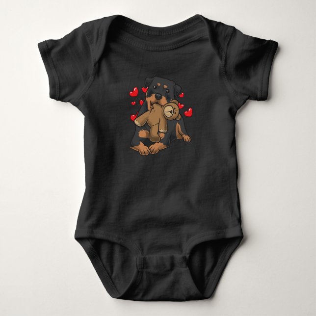 Rottweiler Dog with stuffed animal and hearts Baby Bodysuit (Front)